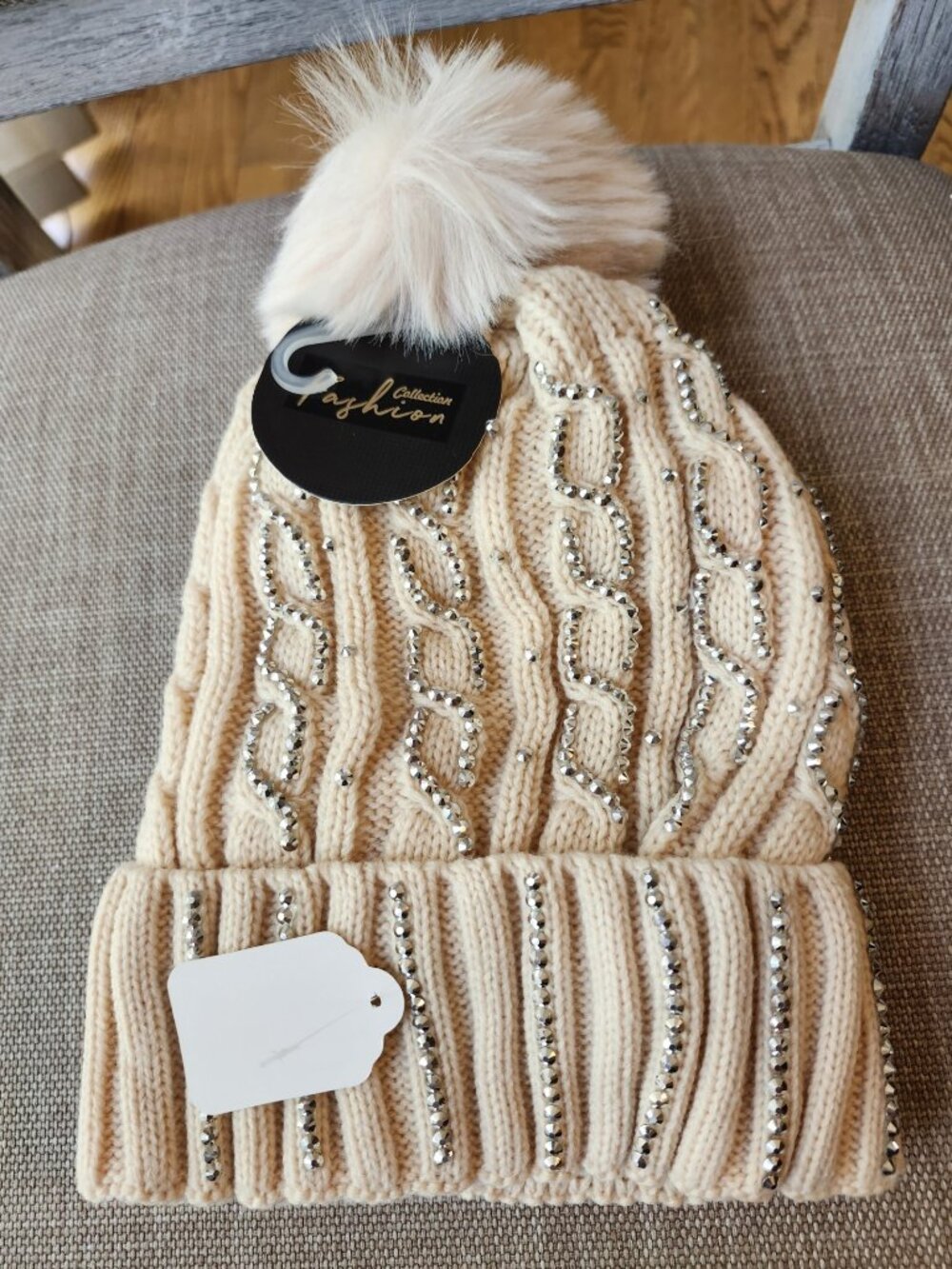 Hat Knit Cable Bling Rhnestones Chunky Beanie - White